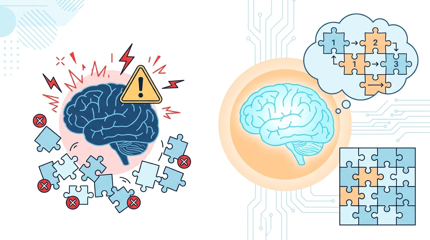 A conceptual illustration contrasting two AI brains. On the left, a robotic brain acting impulsively with a warning sign and error symbols. On the right, a glowing robotic brain with a thought bubble filled with puzzle pieces and step-by-step logic, successfully assembling a puzzle. Minimalist tech aesthetic with light blue, soft orange, and red accent colors.